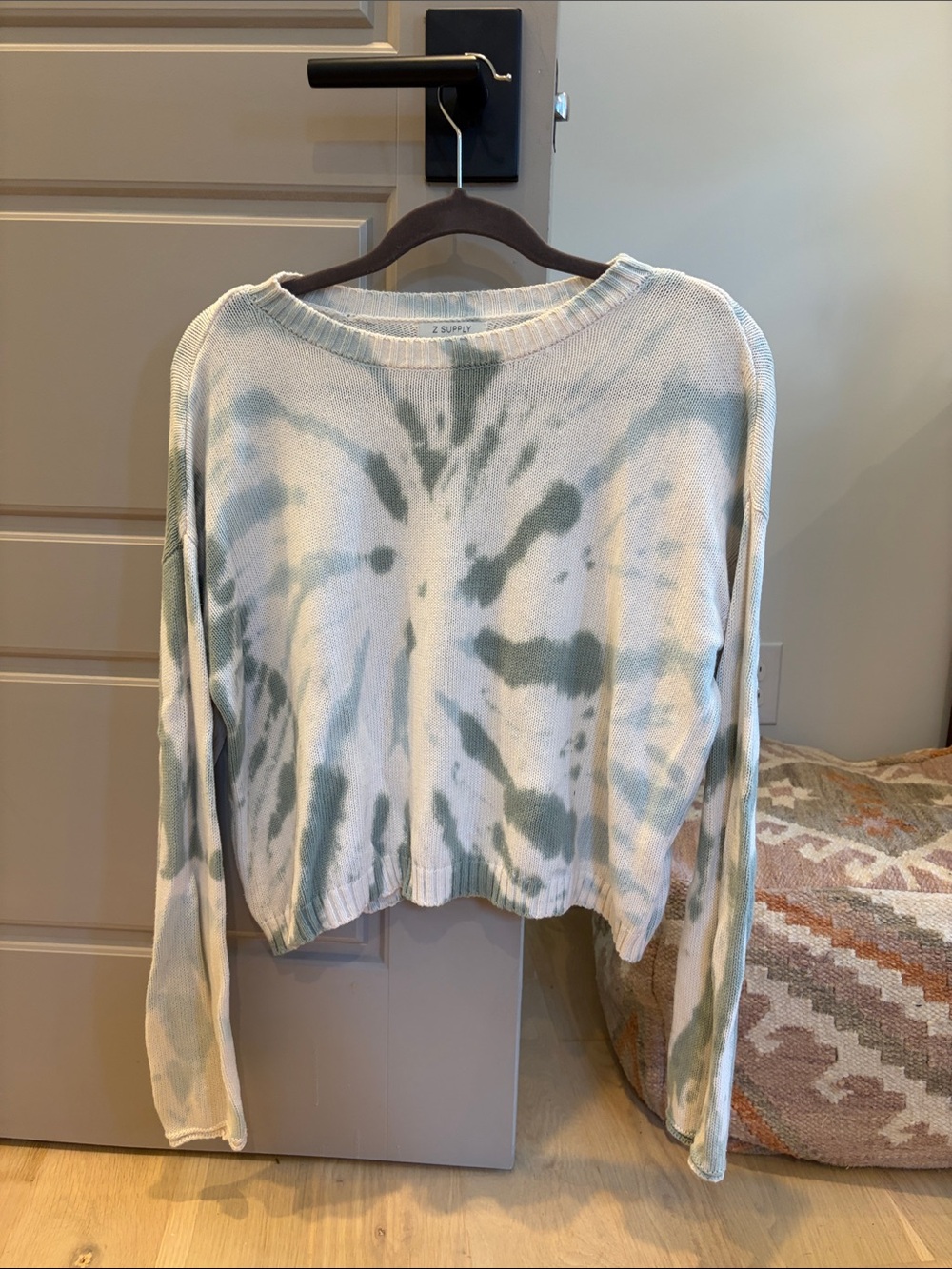 Z Supply Tie-Dye Cropped Sweater in White and Sage Green